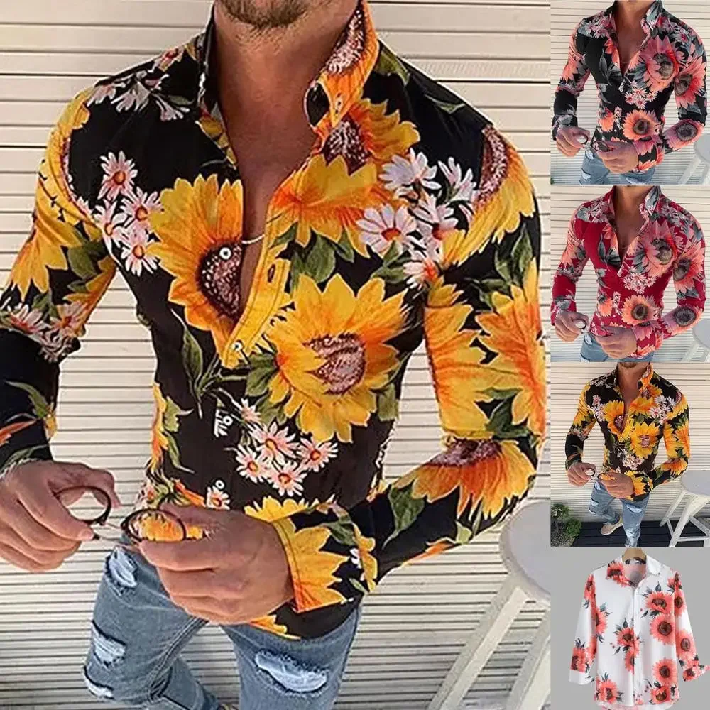 

Men Hipster Long Sleeve Shirt Autumn Floral Casual Holiday Shirts Tee Tops Male Beach Clothing Shirt