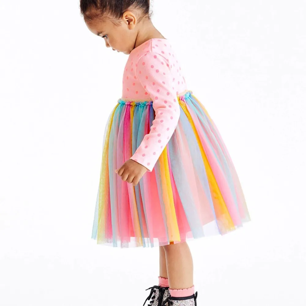 Girls Dresses 2025 Rainbow Colorful Mesh Children Girls Party Dresses Split Joint Long Sleeve Dresses Kids