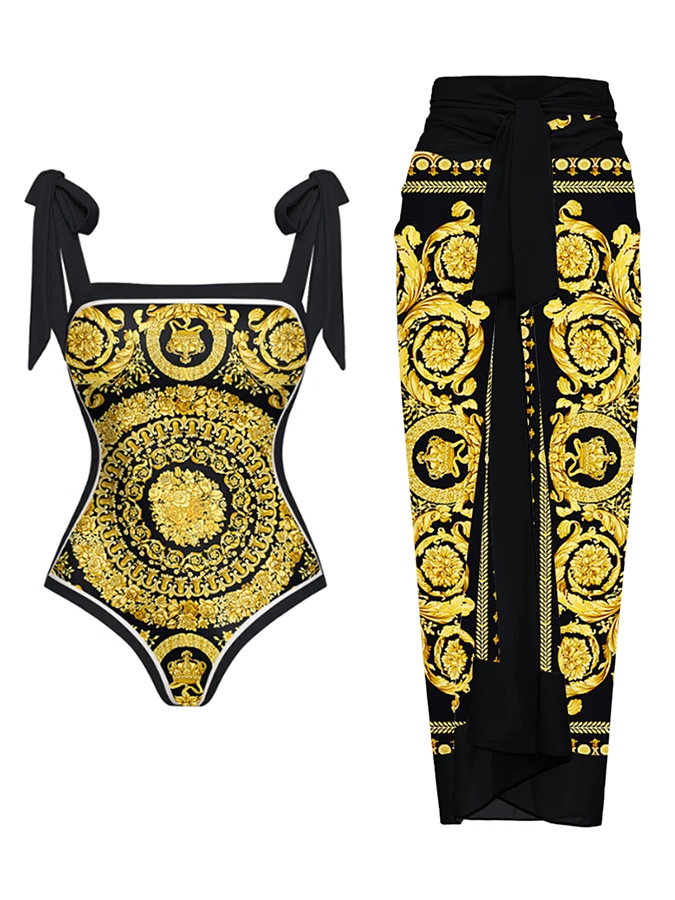 

2023 New Vintage Atmospheric Gold Print Reversible Bowknot Tie-shoulder One Piece Swimsuit And Sarong