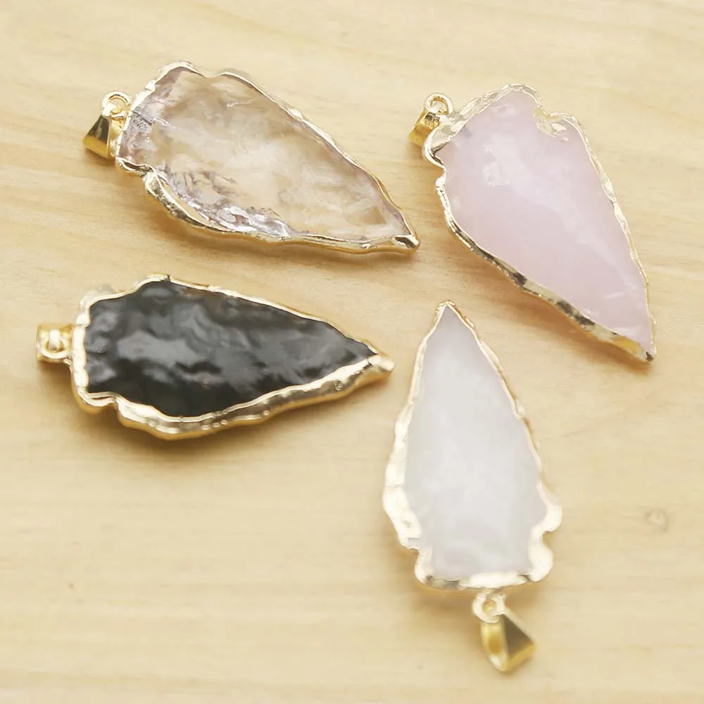 Electroplated Wrap Edge Arrow Shaped Triangle Obsidian Rose Quartz Pendants Jewelry DIY Popular Pendant Necklace Wholesale 6Pcs