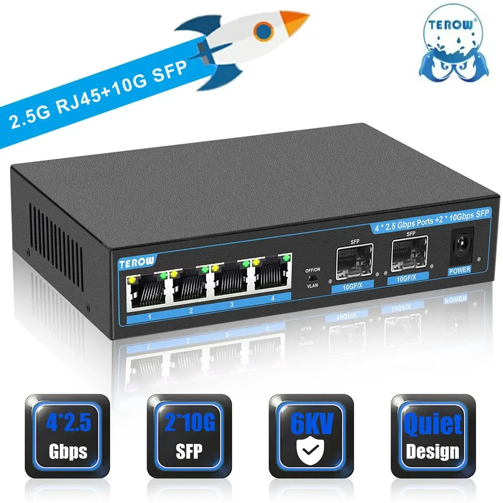 TEROW 2,5 Гбит/с 4 порта Ethernet коммутатор и 2 порта 10G SFP сеть неуправляемая Скорость 1G/2,5G гигабитный коммутатор LAN концентратор для беспроводной точки доступа