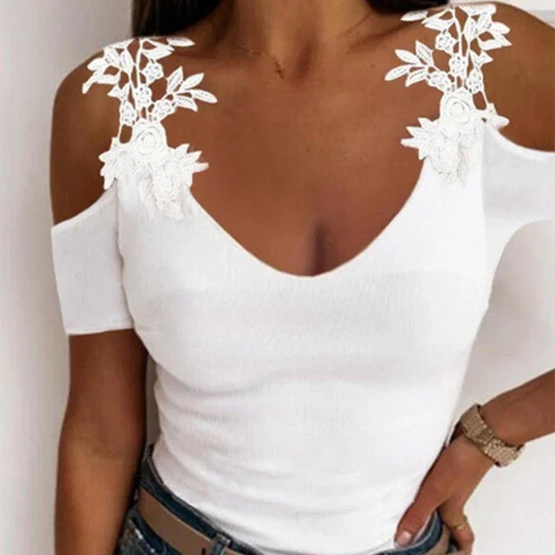 

Lace Hollow Off Shoulder Short Sleeve Women V-Neck Sexy T-Shirts Solid Slim Female Summer Casual Tops Tee Tunic