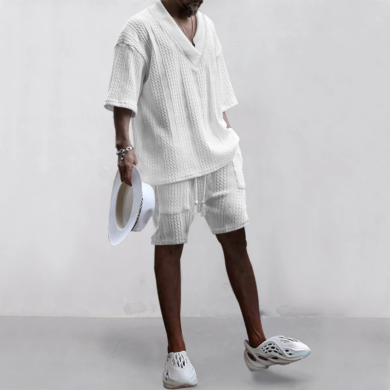 Casual jacquard suit men's summer loose short sleeve T-shirt shorts V-neck sports suit two-piece set