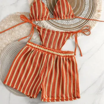 2026 Women\'s 3-Piece Mesh Bikini Set – Lace-Up Halter Swimsuit with Boxer Shorts Cover-Up 1