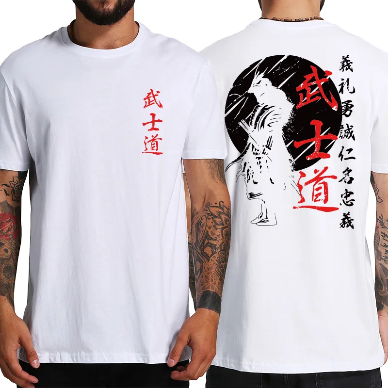 Japan Samurai Spirit T Shirts For Men Japanese Style Back Print Loose Retro 100% Cotton T-shirt Bushido Male Gifts Basics Tee