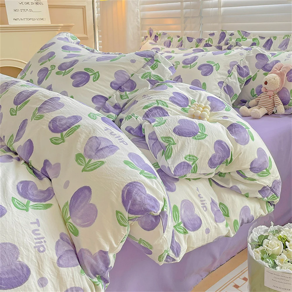 

Home Textiles Comfortable Pillowcase Microfiber Bedding Set Purple Duvet Cover for Kids Women Washed Cotton Bed Sheet