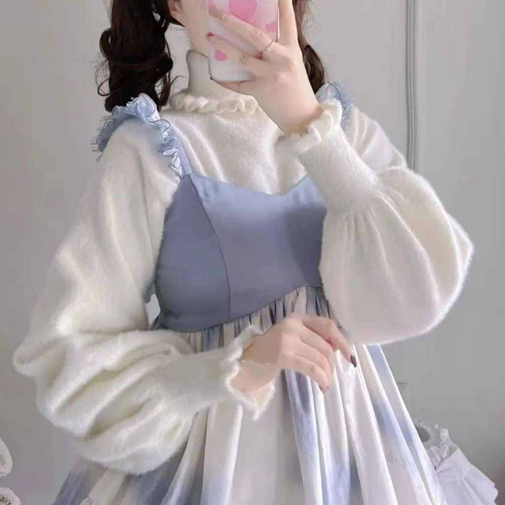 

Lolita Soft Imitation Mink Fleece Sweat Cute Comfortable Bubble Sleeves Girl High Neck Warm Sweater Korea Japan