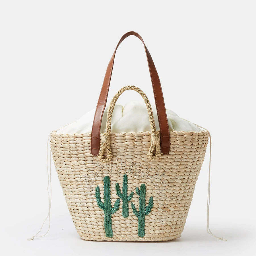 Fashion Cactus Pattern Rattan Women Handbags Corn Husk Woven Shoulder Bags Casual Summer Beach Straw Basket Bag Large Tote Purse