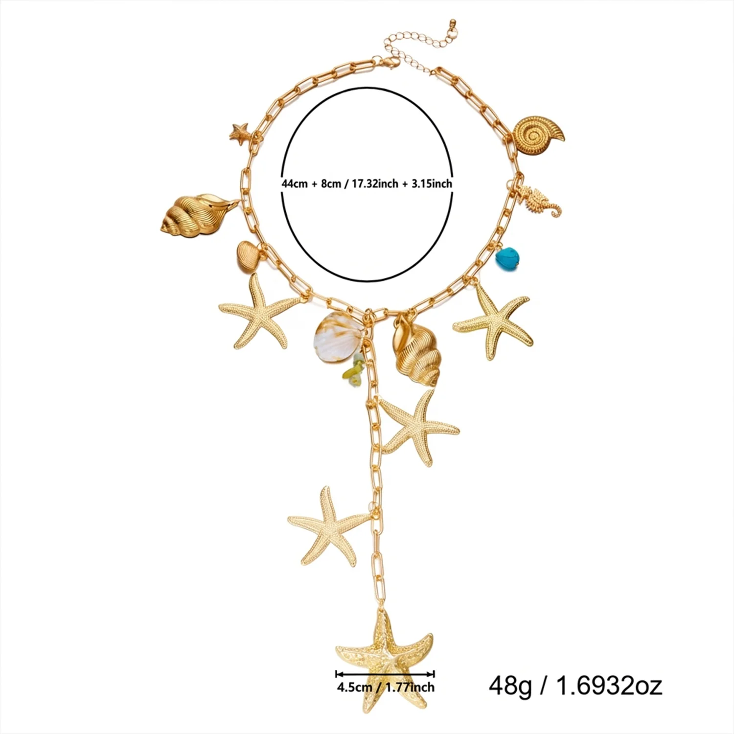 Design Sense Metall-Seestern-Halskette mit langen Quasten für Damen, Boho Sommer Muschel-Anhänger Halskette, Urlaubs- und Reise-Schmuck – Detail 7