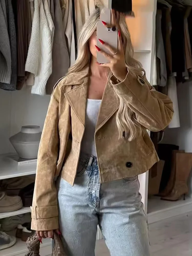 Women's Fashion Double Breasted Short Jacket Trench Turn-down Collar Long Sleeve Coats Vintage Female Outerwear Chic Tops