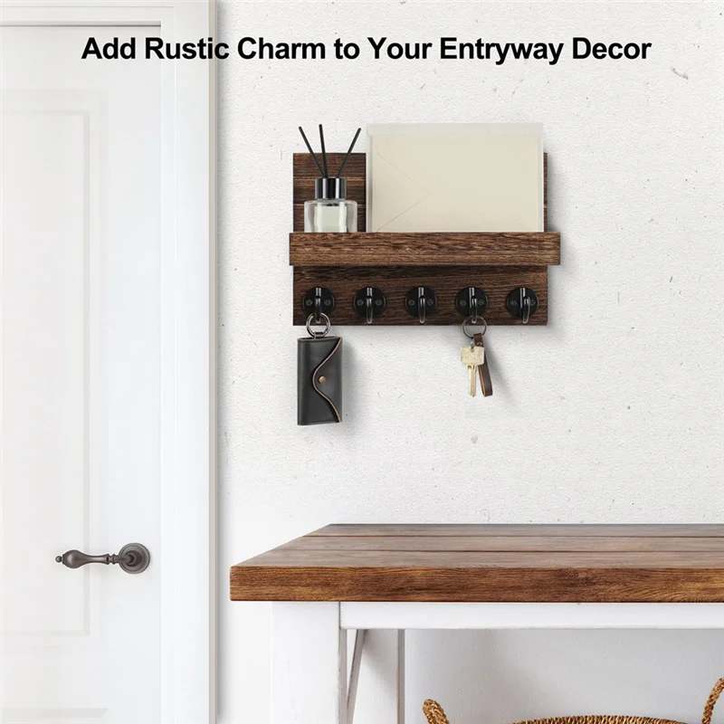 A82X-Key Holder For Wall, Decorative Key And Mail Holder With Shelf Has Large Hooks For Bags, Coats, Umbrella