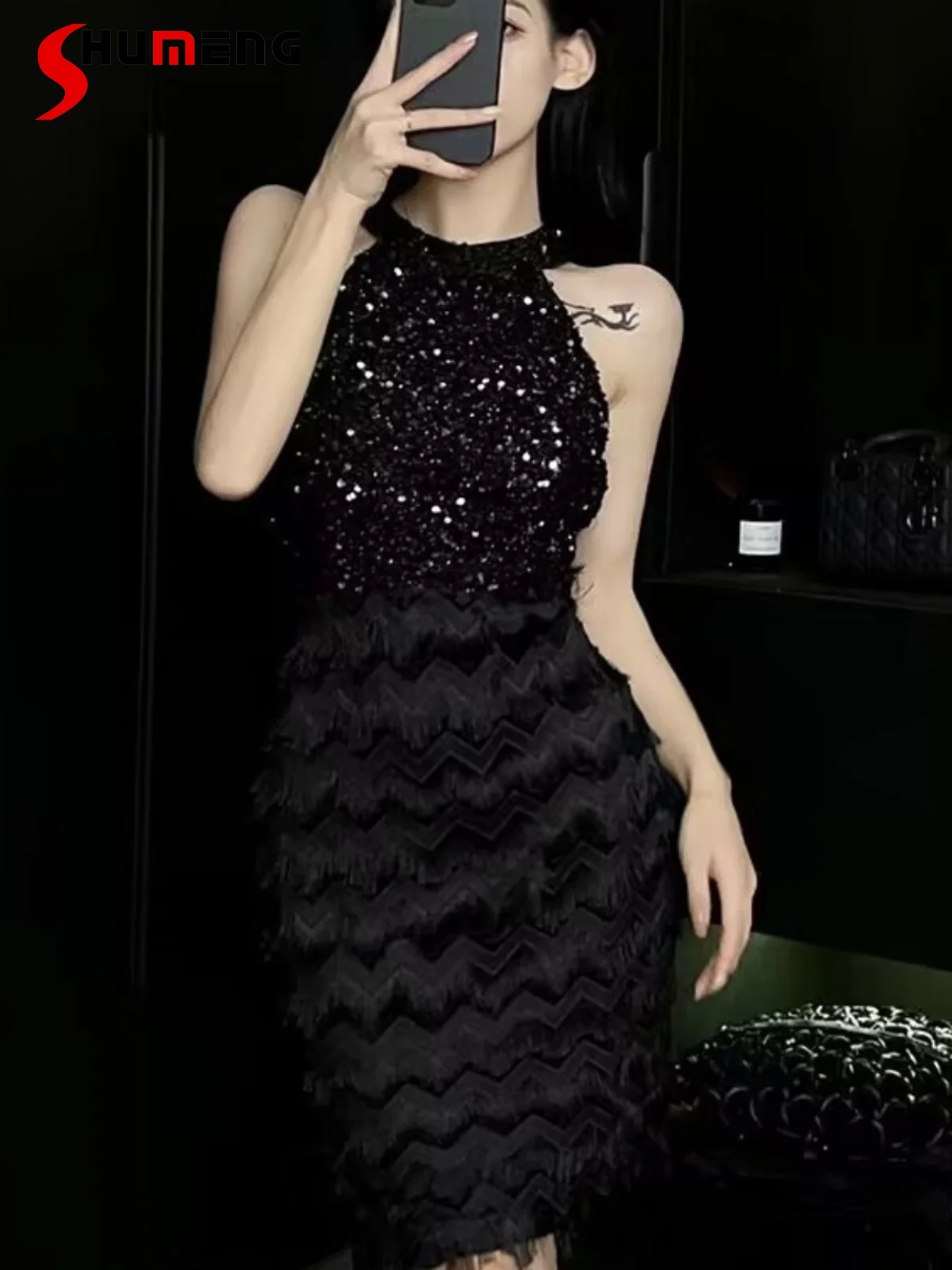 

Sexy Sequined Backless Sleeveless Pullover Dresses Women 2024 Summer Dress High-End Affordable Luxury Solid Color Dresses