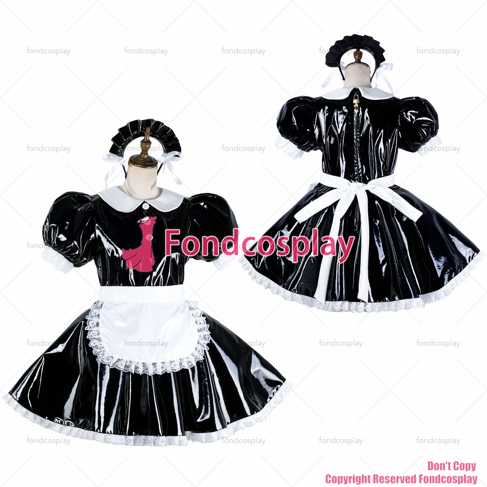 

Сексуальная одежда для взрослых с крестом fondcosplay, черное тяжелое платье из ПВХ, запираемый белый фартук, воротник Питера Пэна, CD/TV[G2125]