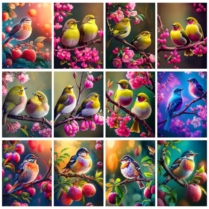 

GATYZTORY Oil Painting By Numbers Birds On Tree Picture Drawing Wall Art Coloring With Numbers Acrylic Paints Spring Landscape