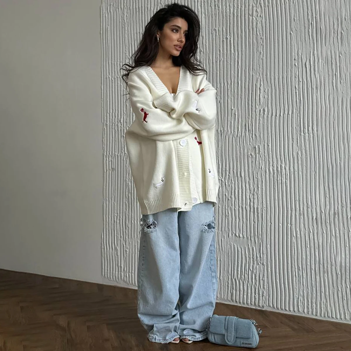 Zekye Cross-border Dachshund Embroidered Sweater Coat For Women Super Loose Soft Lazy Fashionable Knitted Cardigan Outerwear 6