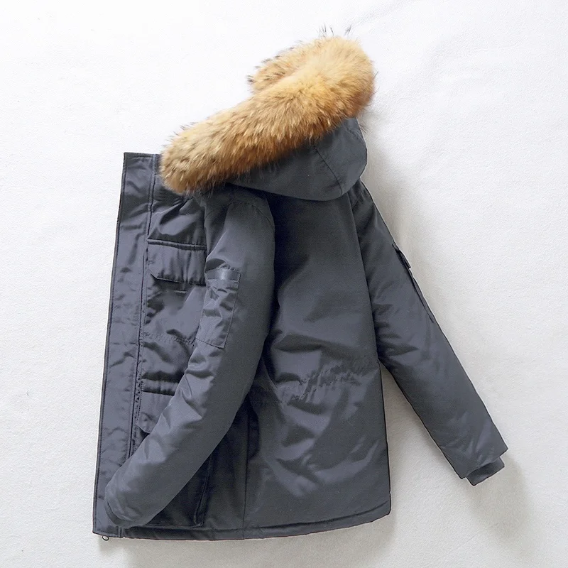 New Down Jacket Men's Winter Minimalist Solid Color Fur Collar Hooded Warm Parka Casual Comfortable White Duck Down Coat Male