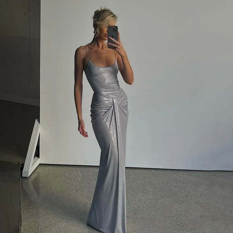 Spaghetti Strap Sexy Backless Maxi Dress Outfits Women Elegant Birthday Vestido 2025 New Club Party Ruched Dresses Female