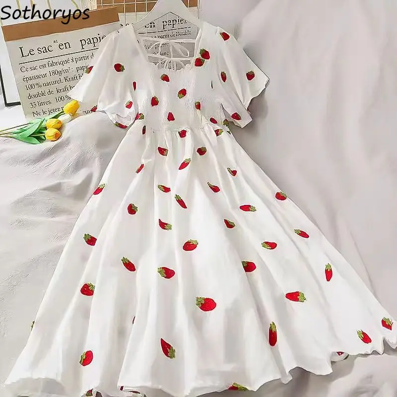 

Dresses Women Kawaii Printed Holiday Princess Girlish Square Collar French Style Gentle Aesthetic Design Summer Popular Vestidos