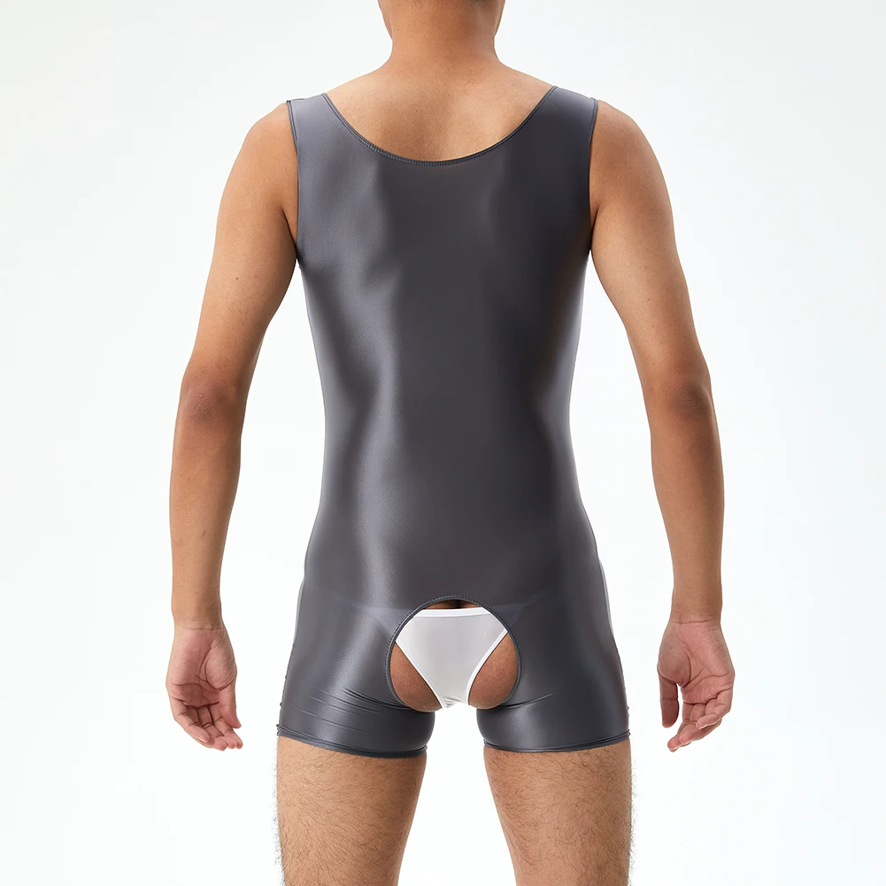 Sexy Mens Classic Glossy Crotchless Sleeveless Slight Strech Erotic Shorts Seamless Jumpsuits Comfortable Bodysuit Underwear