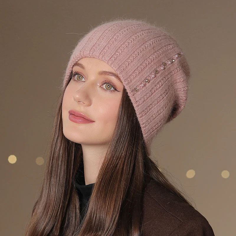 

New Women Winter Hat Fashion Rhinestone Decor Thermal Lined Beanie Cap For Female Casual Rabbit Fur Blend Thick Warm Knitted Hat