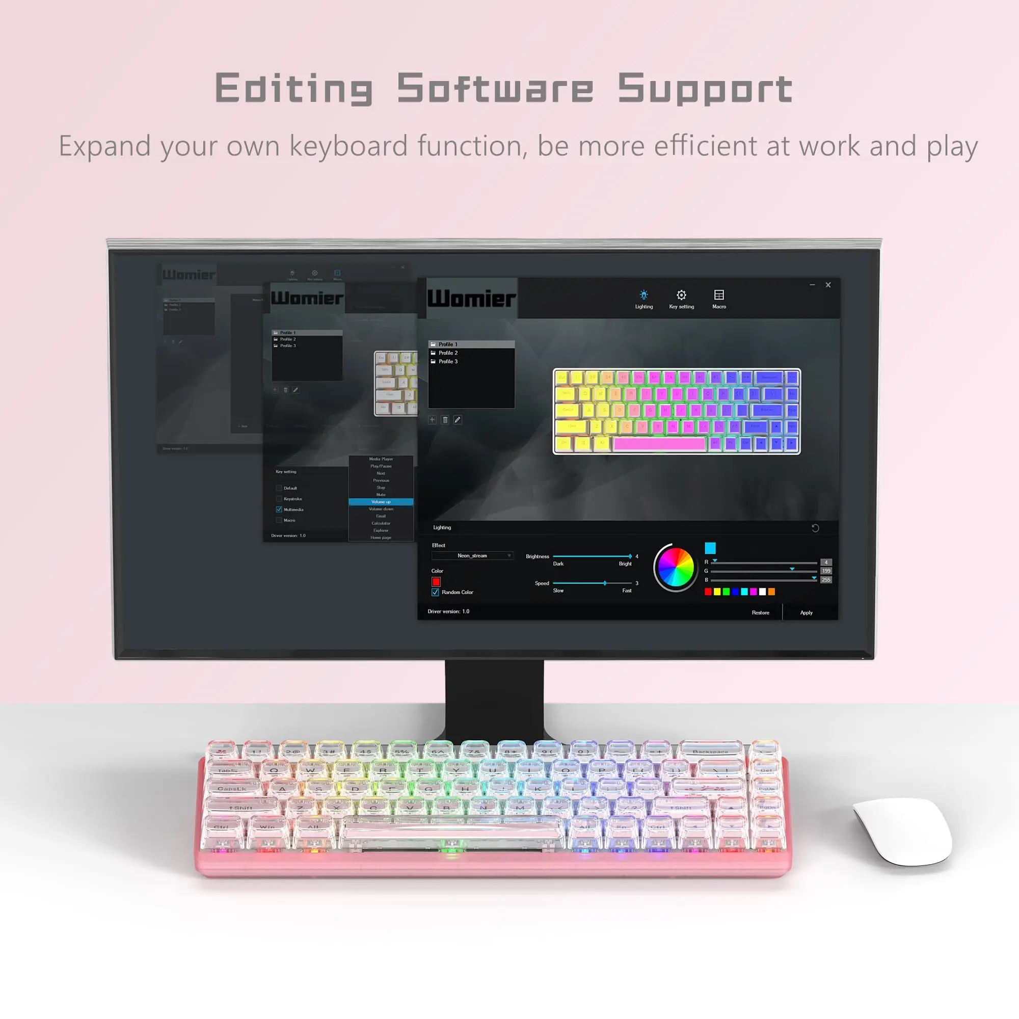 Teclado Rosa Rgb Fio Gaming Teclado Mecânico Pudim Pbt Keycap Interruptor Vermelho 60 Wk68-hot-swappable - Imagem 3