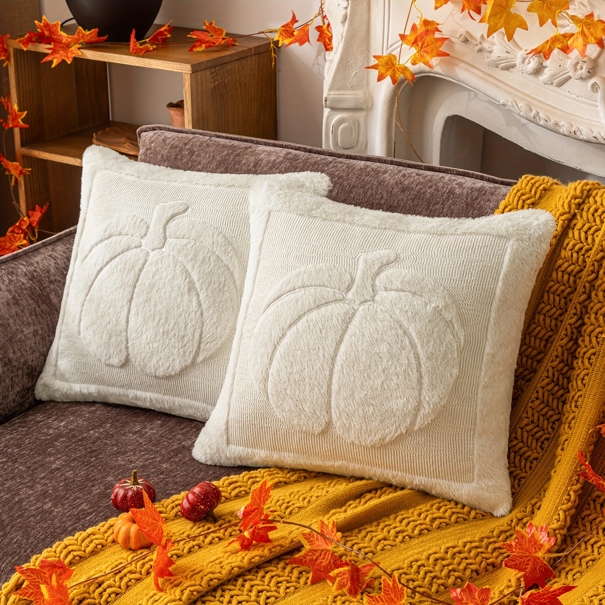 Autumn Pumpkin Embroidered Throw Pillow Covers, 18x18 Inch Plush Micro Minky Fabric,Zippered,HalloweenDecor