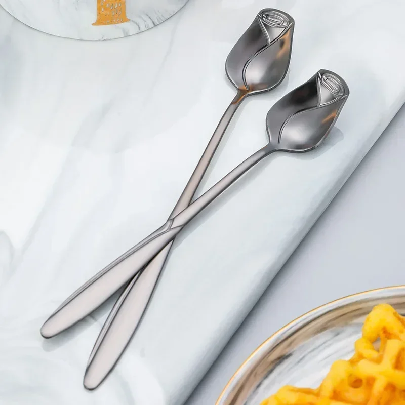 Long Handle Stainless Steel Rose Mixing Teaspoon for Dessert, Honey, Salad, Tea, Coffee - Unique New Year Gift