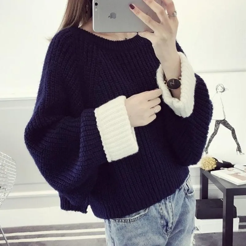 

Женский свитер, пуловер в стиле пэчворк, корейский вязаный Повседневный женский короткий осенне-зимний плотный СВОБОДНЫЙ Модный Ретро с длинными рукавами