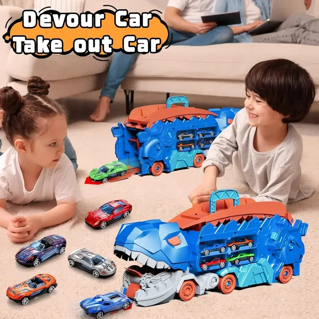Transport Dinosaur Truck With Portable Foldable Sliding Race Track Transforms Into Standing T-rex With Alloy Die-cast Cars Gifts 5