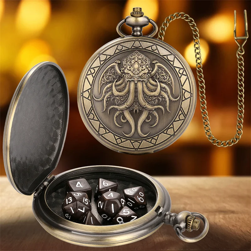 7 teile/satz Winzige Größe Acryl Würfel mit Bronze Geflügelte Cthulhu Muster Taschenuhr Fall Anhänger Kette Rolle Spielen Gaming Zubehör – Detail 5