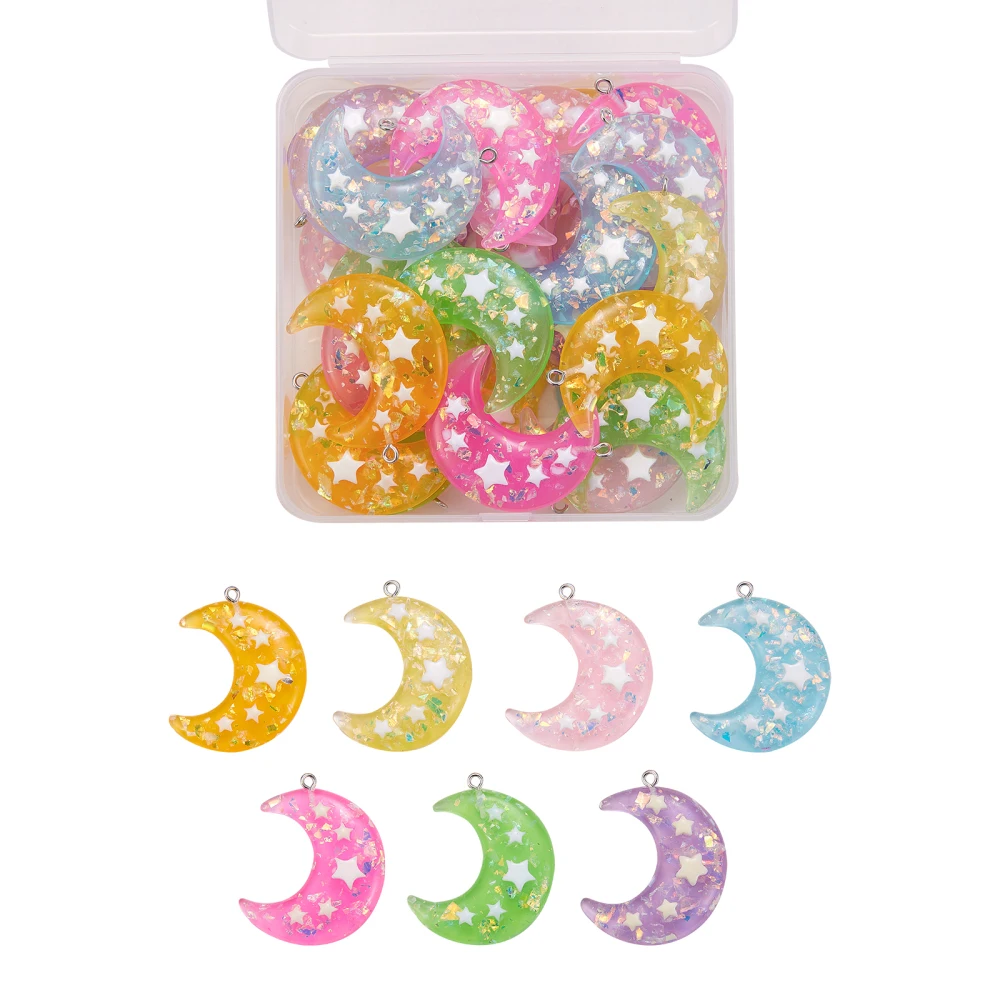 28Pcs 7 Colors Moon Charms with Star Sequins/Paillette Sparkly Glitter Resin Charms Bulk for DIY Craft Adults Jewelry Making