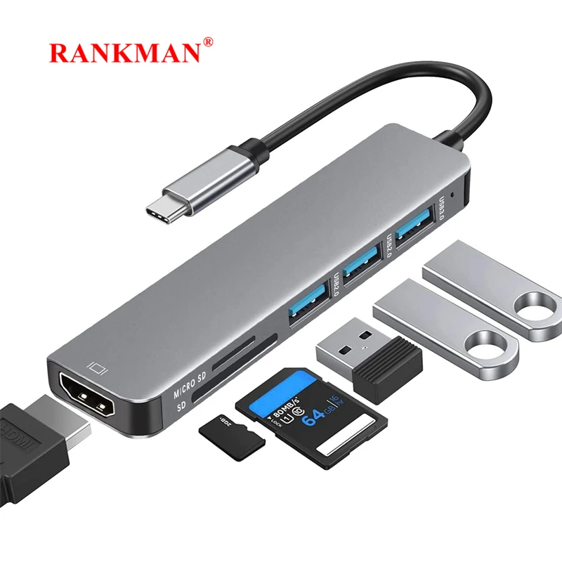 

Rankman USB C Hub to 4K HDMI-Compatible SD TF USB 3.0 2.0 Type C Dock for MacBook iPad Samsung S21 Dex TV Nintendo Switch PS5