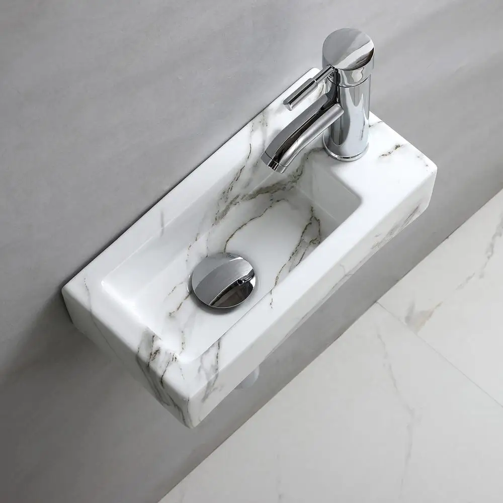 Rectangle Ceramic Wall Hung Basin Sink Small Bathroom Vitreous China with High Gloss Finish Contemporary Design Single Tap Hole 4