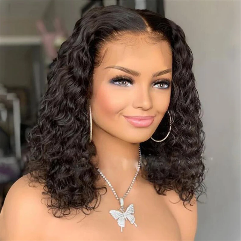 16inch Kinky Curly Preplucked Baby Hair Short Bob Lace Front Wig Middle Part 180density Wig Lace Frontal Wig Natural Hairline