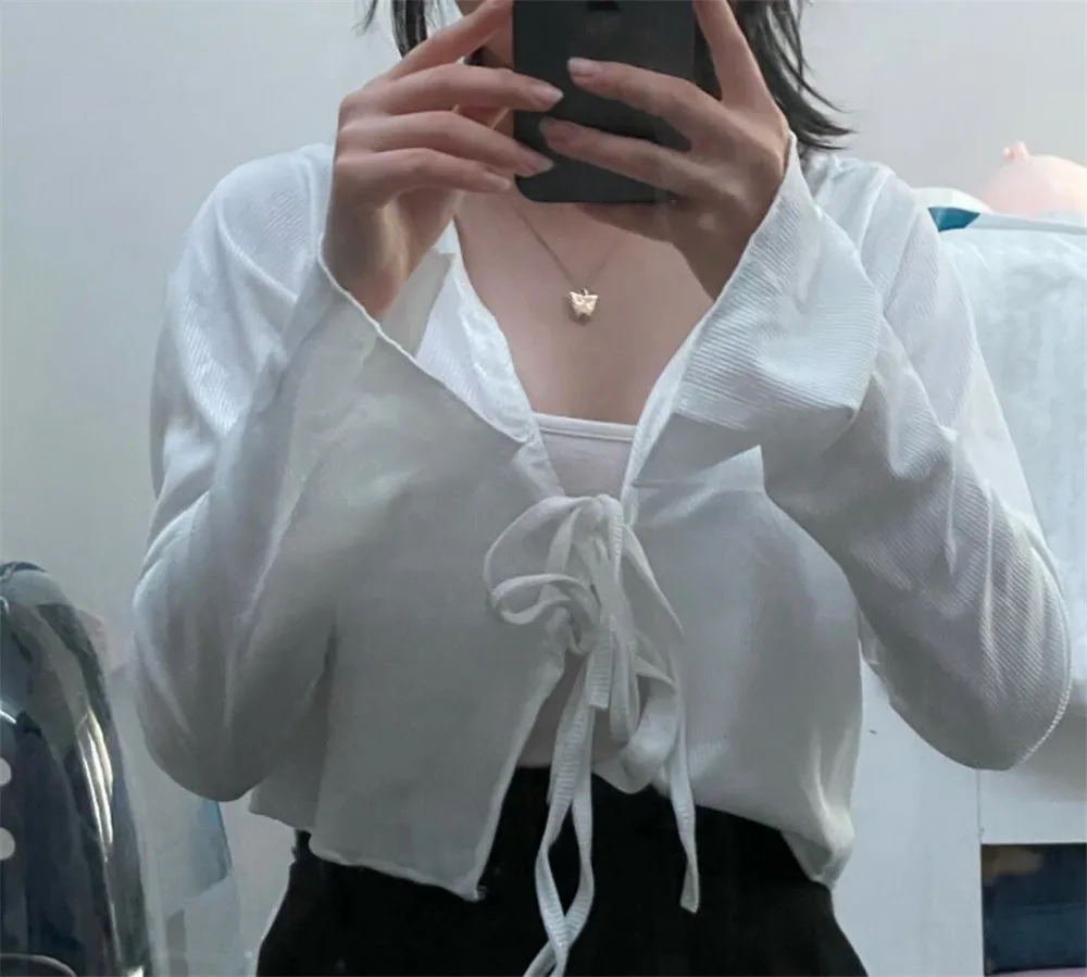 여성 가디건 솔리드 슬림 붕대 디자인 크롭탑, 2023 한국 봄 패션 스타일리시 스트리트웨어 청소년 스위트 니트 베이직