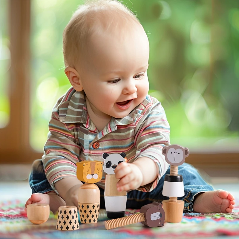 Wooden Montessori Toys Creative Cartoon Animal Bear Shaped Knob Screw Rattles Block Toys Kid Early Educational Puzzle Toys Gifts 6