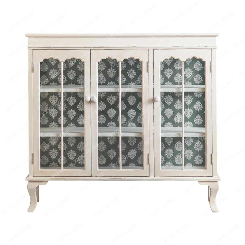 

French Pastoral Style Retro Distressed White Sideboard Cabinet Entrance Foyer Hallway Creative Glass Decorative Display Cabinet