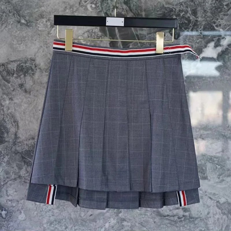 

2024 New TB Skirt Women's Autumn Fashion Colorful Ribbon Stripe Pleated Skirt Academy Style High Waist Checkered Short Skirt