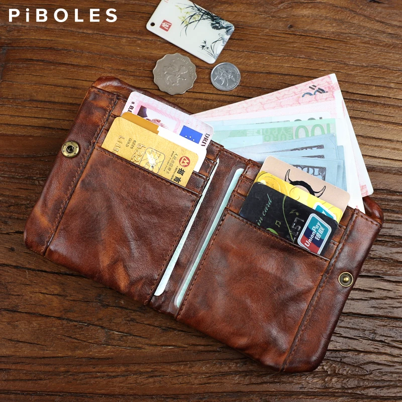 Retro Genuine Leather Short Wallet For Men Handmade Leather Card Slot Coin Pocket Zipper Money Bag Portable Small Male Wallet