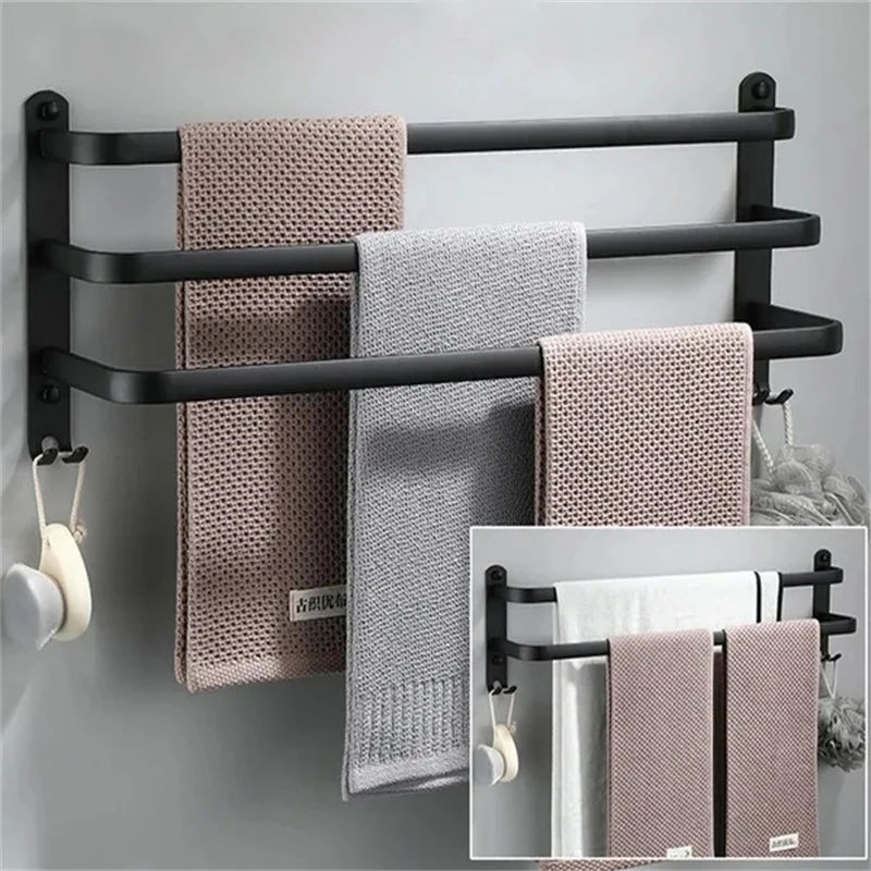 

Towel Hanger Black Brief Space Aluminum Bathroom Towel Rack with Hook Multiple Layer Wall Mounted Punch Towel Holder
