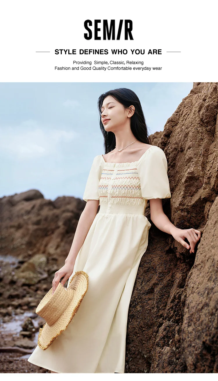 Vestido de mujer con escote cuadrado, mangas abullonadas, corte ajustado y elegante, nuevo vestido de verano divertido y elegante de largo medio.