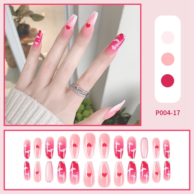 Detachable Long Coffin False Nails with Heart Clouds Designs Wearable Ballerina Fake Nail Full Nail Tips Press On Nails