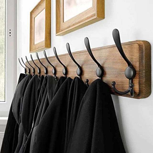 Wall Mounted Coat Rack with 10 Tri Hooks: Wooden Coat Hook Hanger