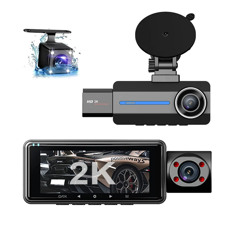 מצלמת חניה 24 שעות 3 מצלמות 2K+720P+720P Dashcam מצלמת רכב עם ראיית לילה IR לרכבים