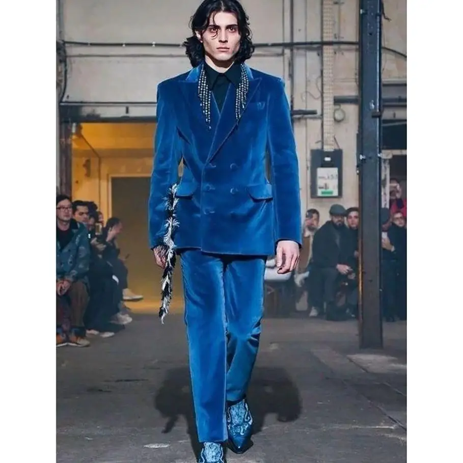 

Мужской бархатный костюм из двух предметов, синий двубортный Блейзер и брюки, привлекательный облегающий повседневный костюм знаменитости для свадьбы, работы