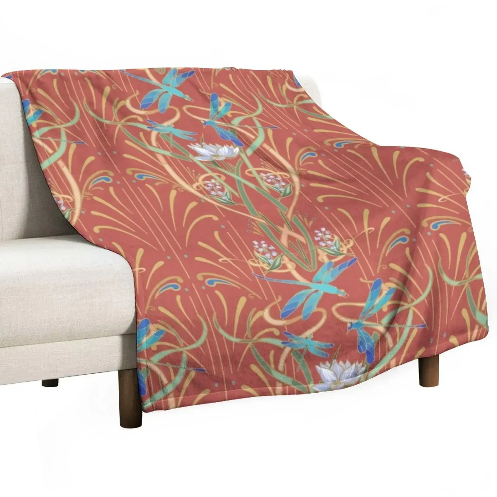 

Art Nouveau Dragonflies Pattern Deep Coral Throw Blanket funny gift Loose Decorative Beds Blankets