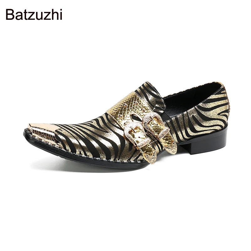 Batzuzhi Men's Shoes Pointed Iron Toe Handmade Men Dress Shoes Leather Blue/Gold Business, Party and Wedding Shoes for Men,38-47