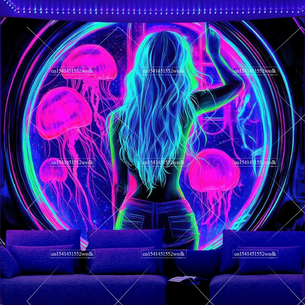 Blacklight Tapestry UV Reactive Glow In The Dark Smoking Jellyfish Girl Neon Tapestry Aesthetic Room Decor tapestry decorations