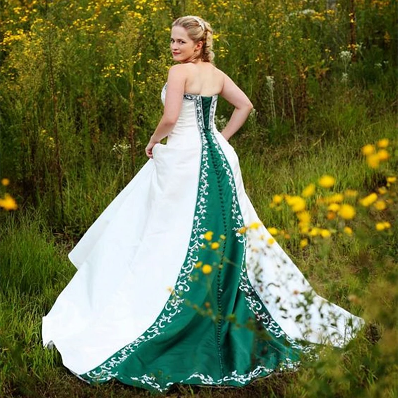slim fit dress slacks Elegant Emerald Green Wedding Dress with White Lace Appliqués & Chapel  Train – FW235 – Viniodress main image 0
