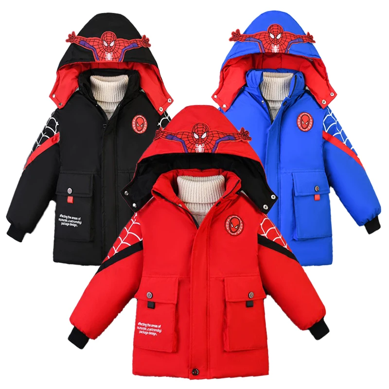 Children Clothing Winter Kids Spider Man Cartoon Luminous Hooded Cotton Coat Teen Boys Outdoor Skiing Jacket Warm Parka